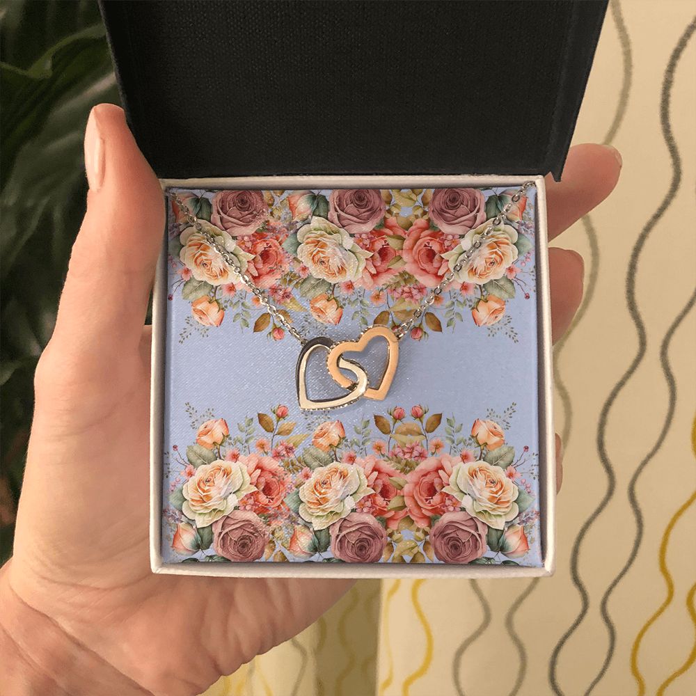 Interlocking Hearts necklace (Yellow and White Gold Variants with Horizontal Roses Card))