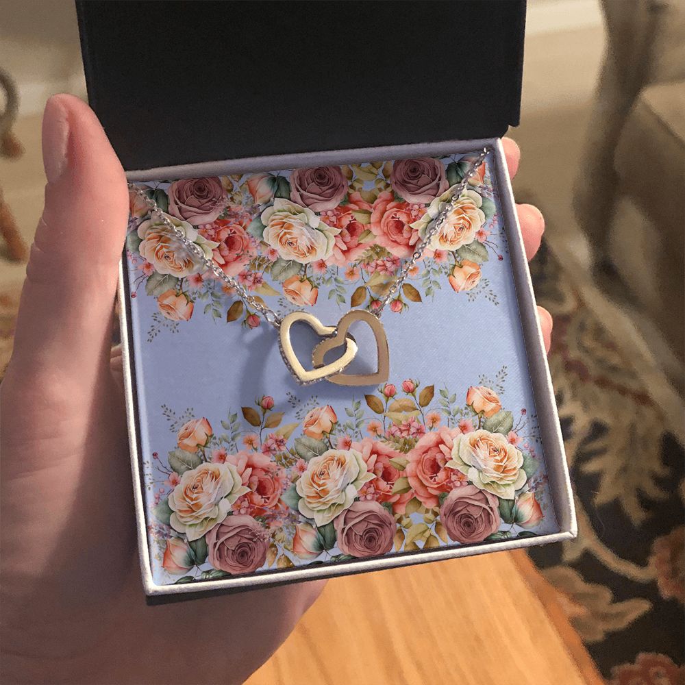 Interlocking Hearts necklace (Yellow and White Gold Variants with Horizontal Roses Card))