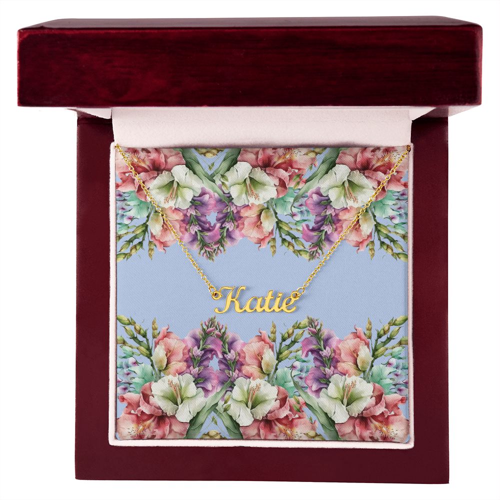 Personalized Name Necklace (with horizontal Galdiolus flowers card)