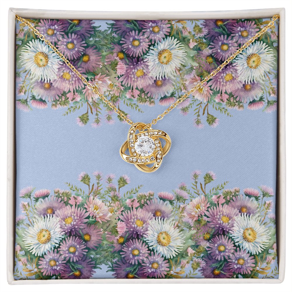 Love Knot Necklace (Yellow and White Gold Variants) (with horizontal Aster flowers card)