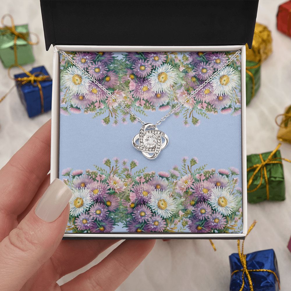 Love Knot Necklace (Yellow and White Gold Variants) (with horizontal Aster flowers card)
