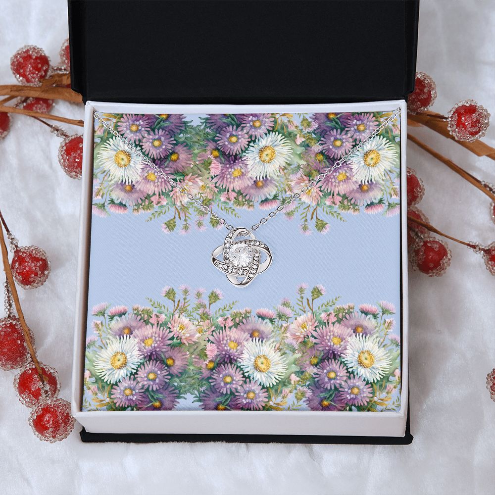 Love Knot Necklace (Yellow and White Gold Variants) (with horizontal Aster flowers card)