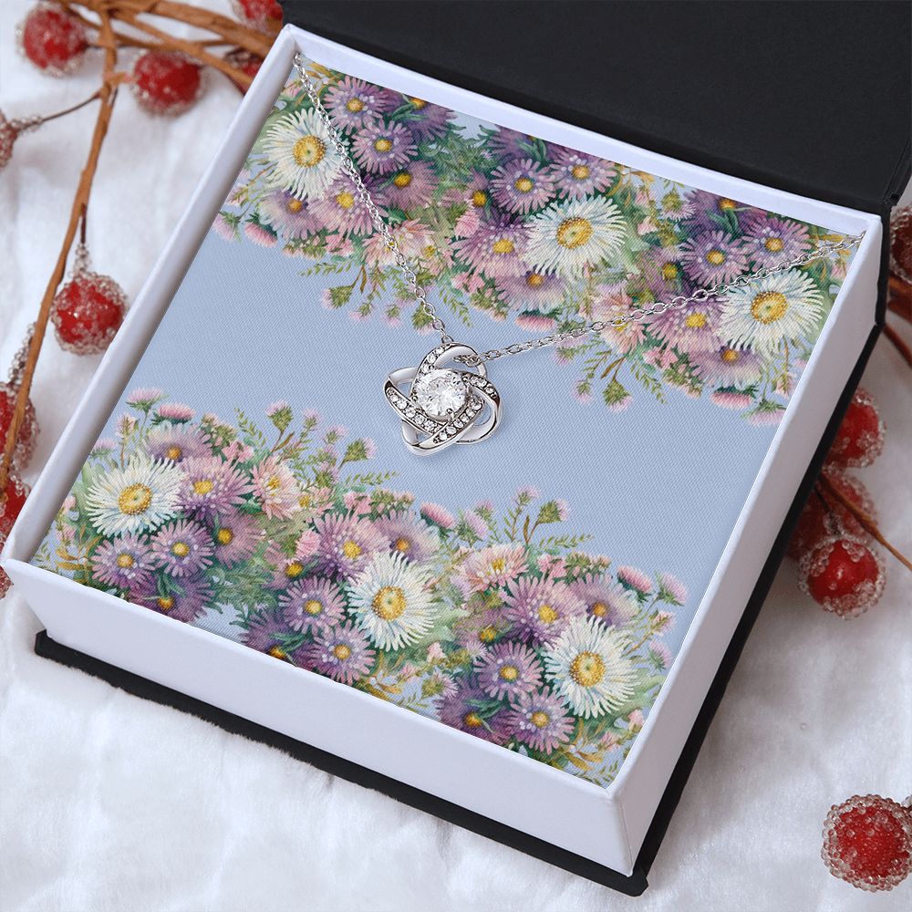 Love Knot Necklace (Yellow and White Gold Variants) (with horizontal Aster flowers card)