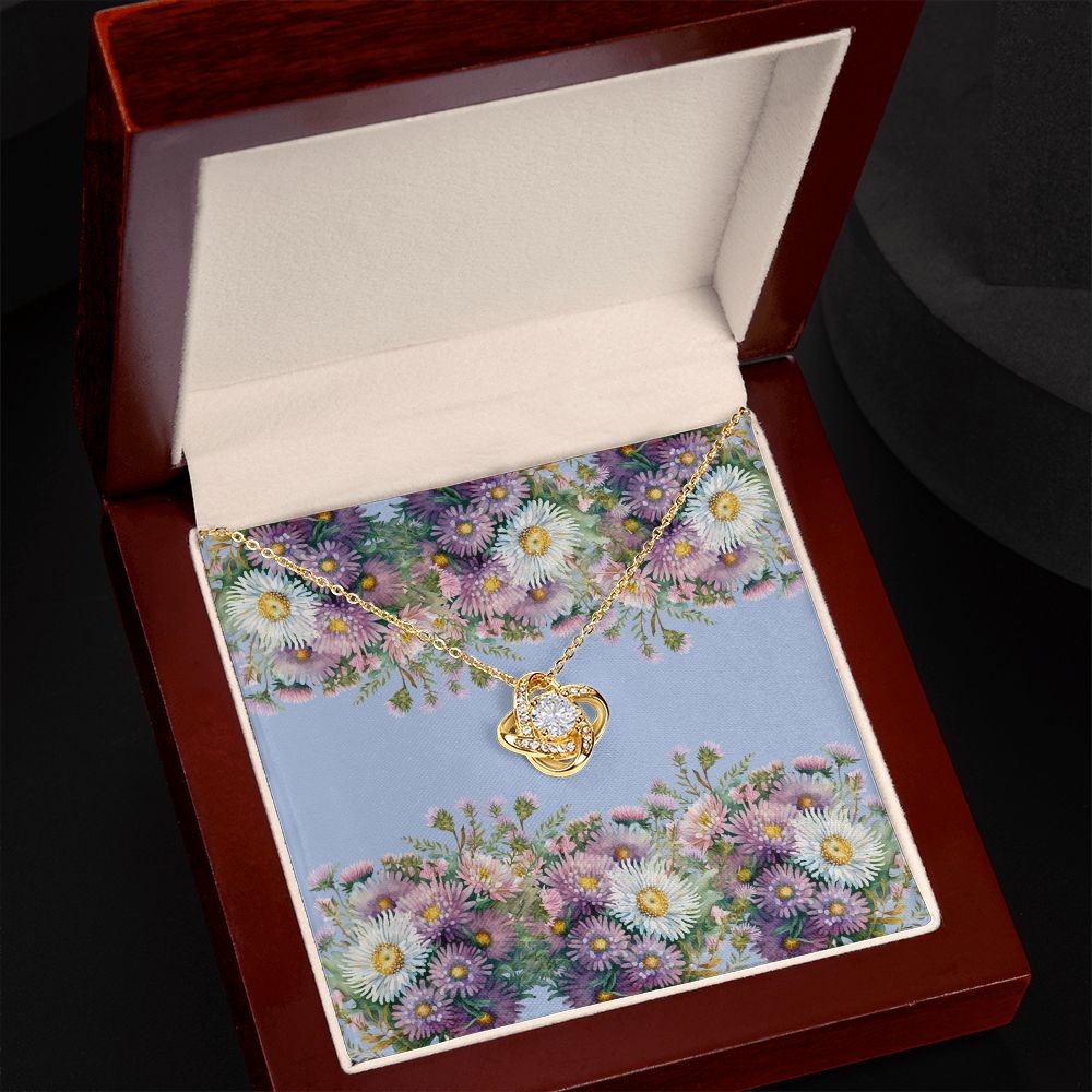 Love Knot Necklace (Yellow and White Gold Variants) (with horizontal Aster flowers card)