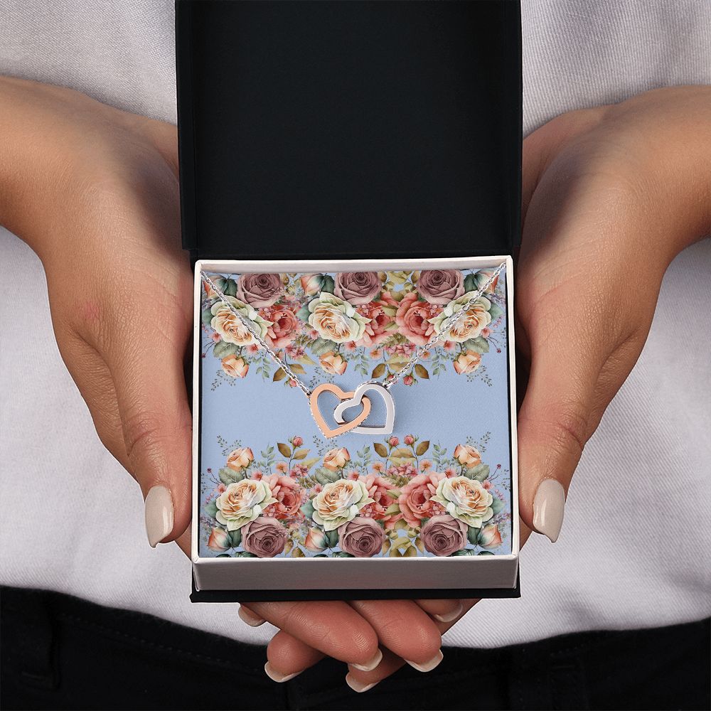 Interlocking Hearts necklace (Yellow and White Gold Variants with Horizontal Roses Card))