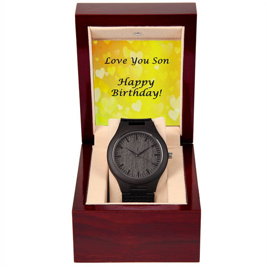 Wooden Watch for Son Happy Birthday - yellow hearts BG