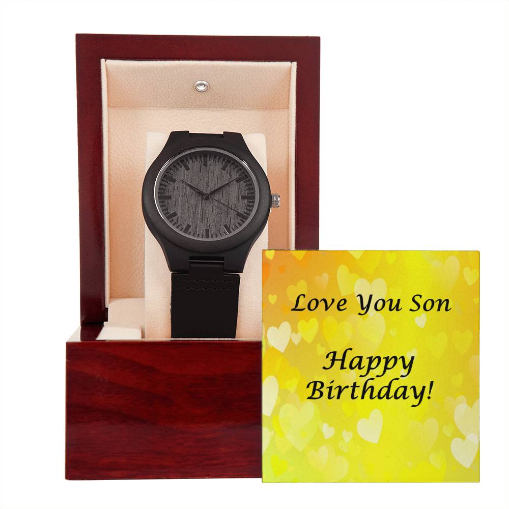 Wooden Watch for Son Happy Birthday - yellow hearts BG