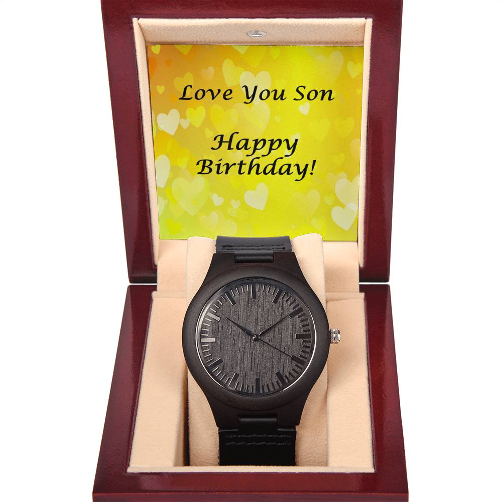 Wooden Watch for Son Happy Birthday - yellow hearts BG