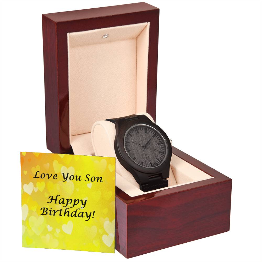 Wooden Watch for Son Happy Birthday - yellow hearts BG