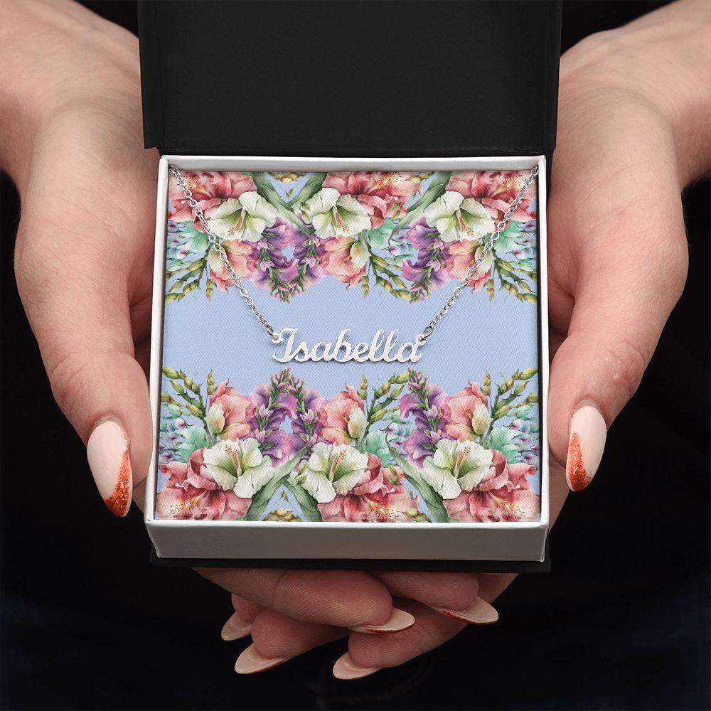 Personalized Name Necklace (with horizontal Galdiolus flowers card)
