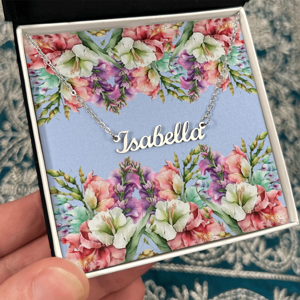 Personalized Name Necklace (with horizontal Galdiolus flowers card)