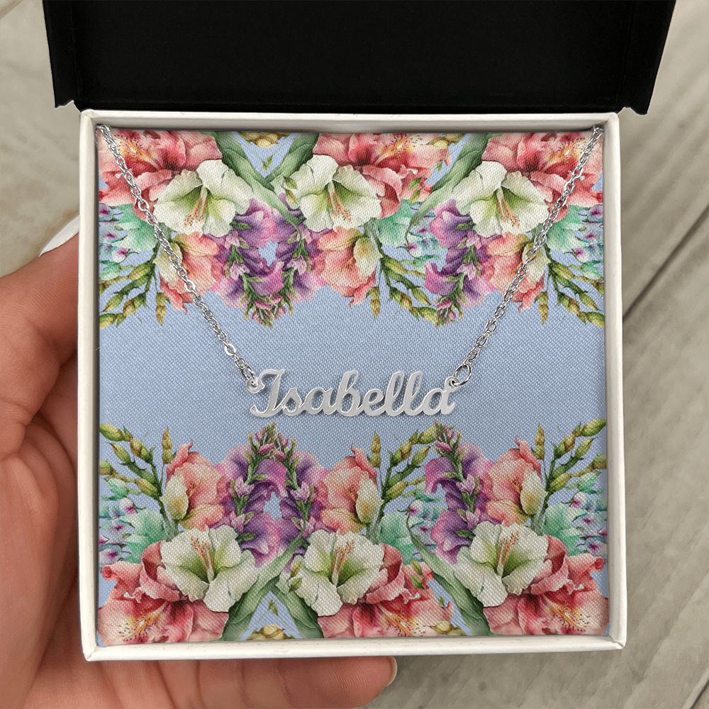 Personalized Name Necklace (with horizontal Galdiolus flowers card)