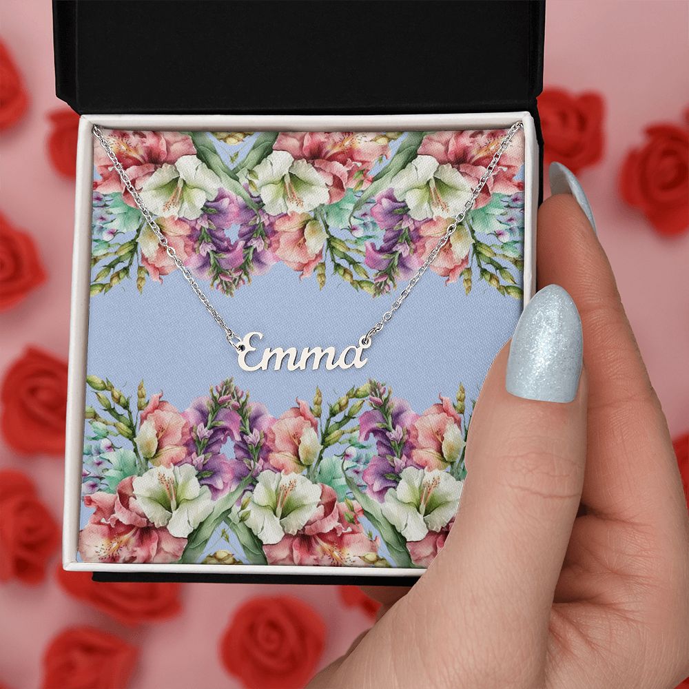 Personalized Name Necklace (with horizontal Galdiolus flowers card)
