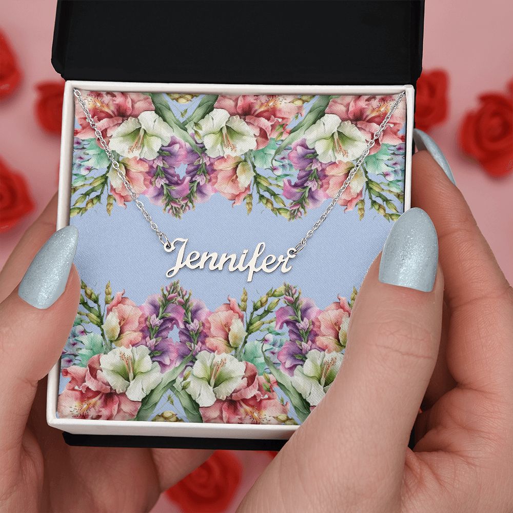 Personalized Name Necklace (with horizontal Galdiolus flowers card)