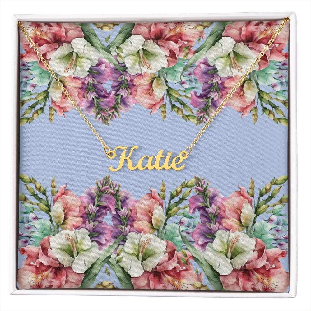 Personalized Name Necklace (with horizontal Galdiolus flowers card)
