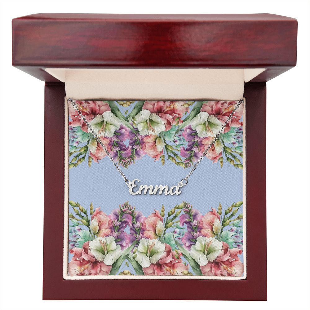 Personalized Name Necklace (with horizontal Galdiolus flowers card)