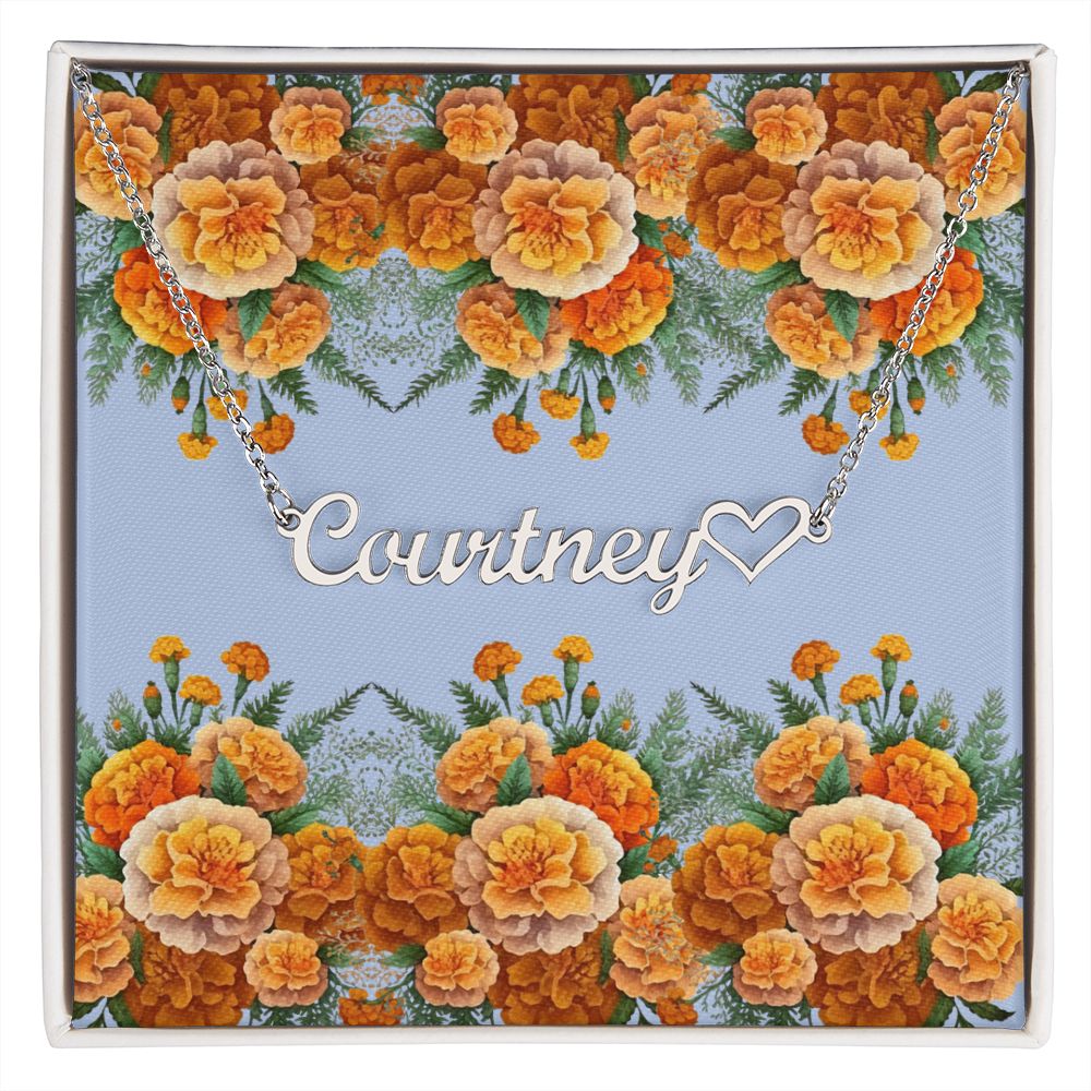 Personalized Heart Name Necklace plus Heart Character (with Horizontal Marigold Flowers) 