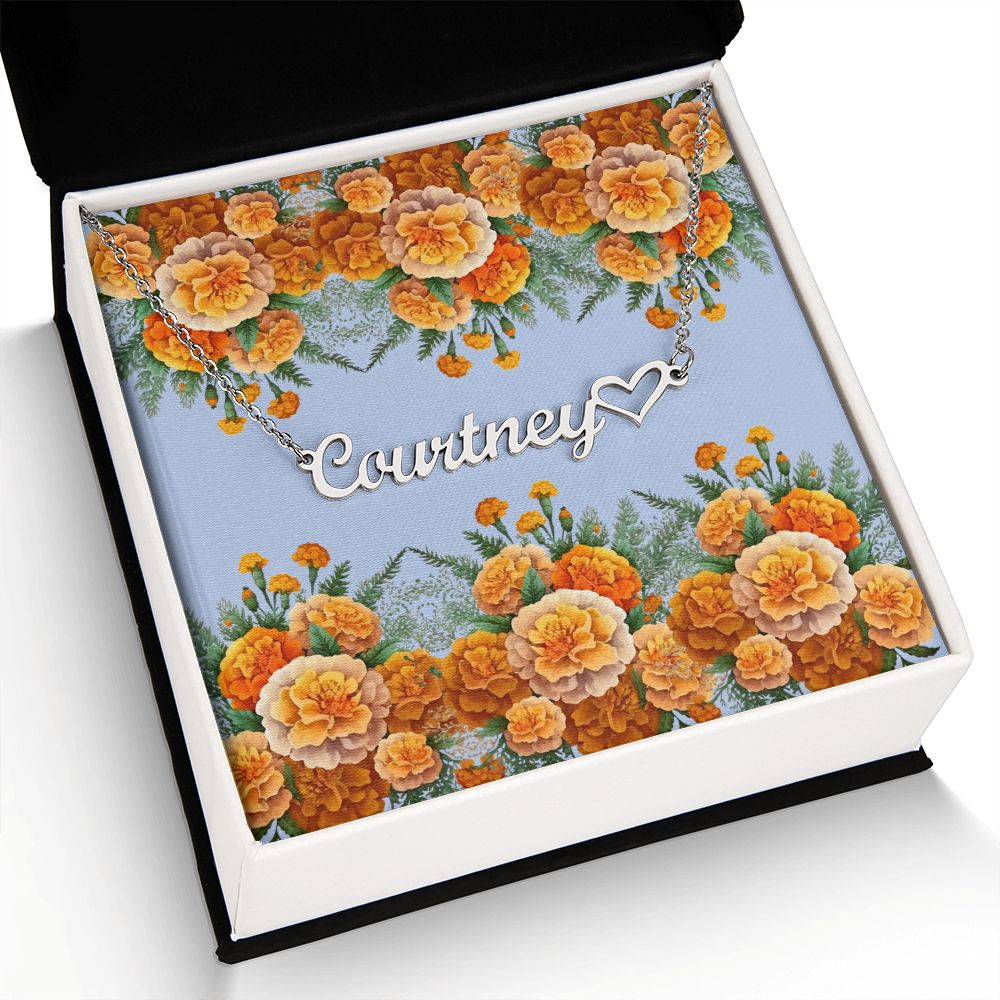 Personalized Heart Name Necklace plus Heart Character (with Horizontal Marigold Flowers)