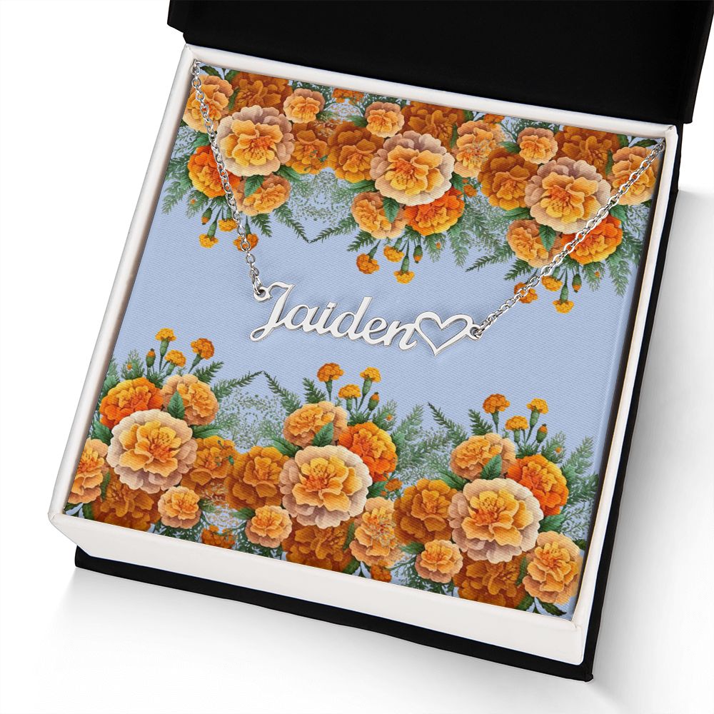 Personalized Heart Name Necklace plus Heart Character (with Horizontal Marigold Flowers)