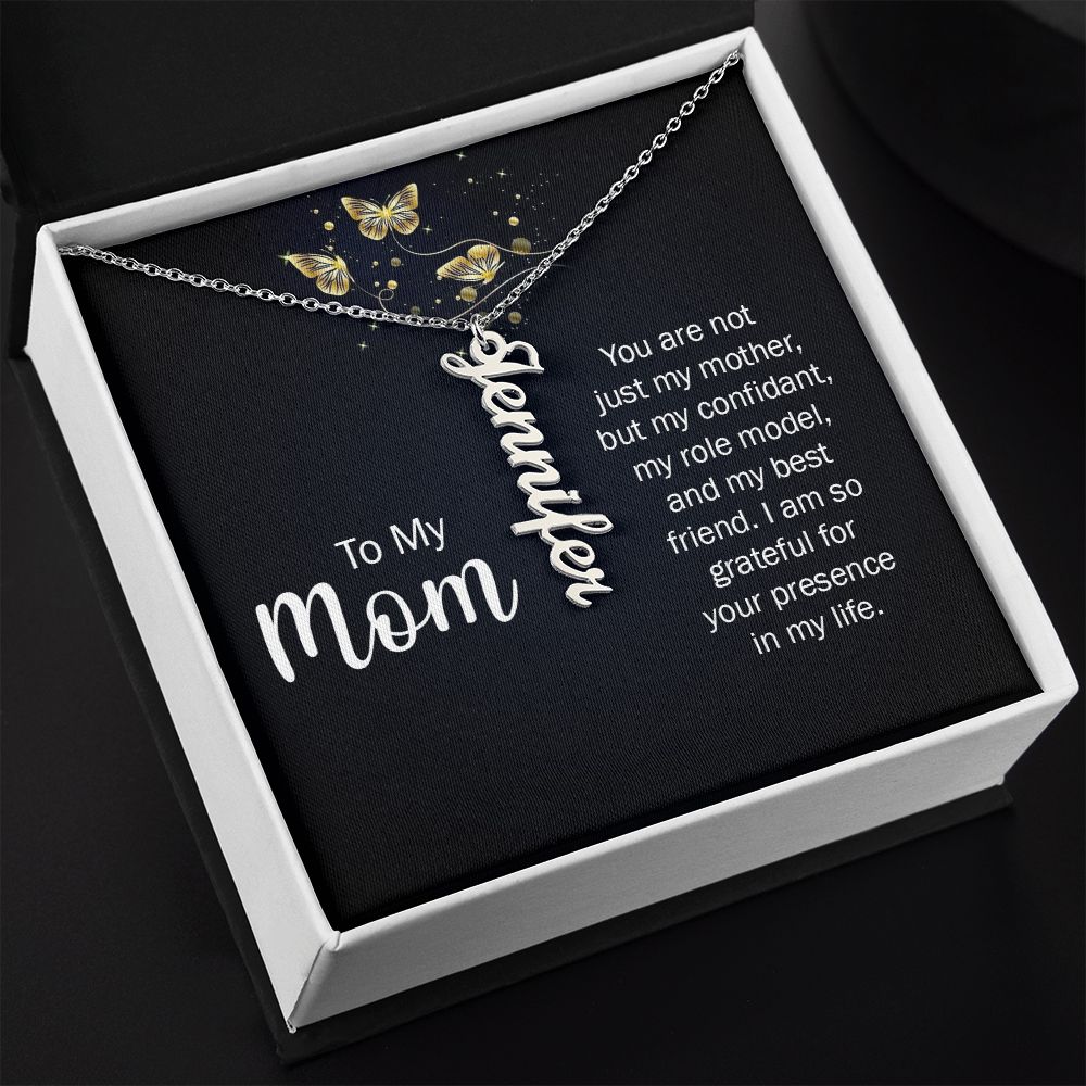 Personalized Vertical Name Necklace (with message You are not just my Mother from son or daughter)